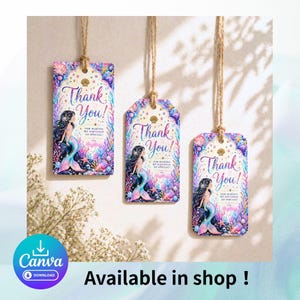 Puede incluir: Tres etiquetas de regalo con tem&aacute;tica de sirenas con un dise&ntilde;o de acuarela. Cada etiqueta presenta una ilustraci&oacute;n de sirena, las palabras "Thank You!" y un mensaje. Las etiquetas est&aacute;n ensartadas con hilo y son adecuadas para regalos de cumplea&ntilde;os.