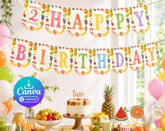Decoración de pancarta de cumpleaños número 2 Tutti Frutti, pancarta de letras de fiesta de cumpleaños de frutas editable en Canva, linda decoración de cumpleaños estilo acuarela, datos digitales imprimibles, Two-tti Frutti, Tutti Frutti, 2do cumpleaños
