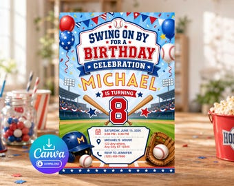 Plantilla editable de invitación de cumpleaños para niños de 8 años con temática de béisbol - Editable en Canva, 5x7 pulgadas, imprimible, descarga digital, para niños, para compartir en redes sociales.