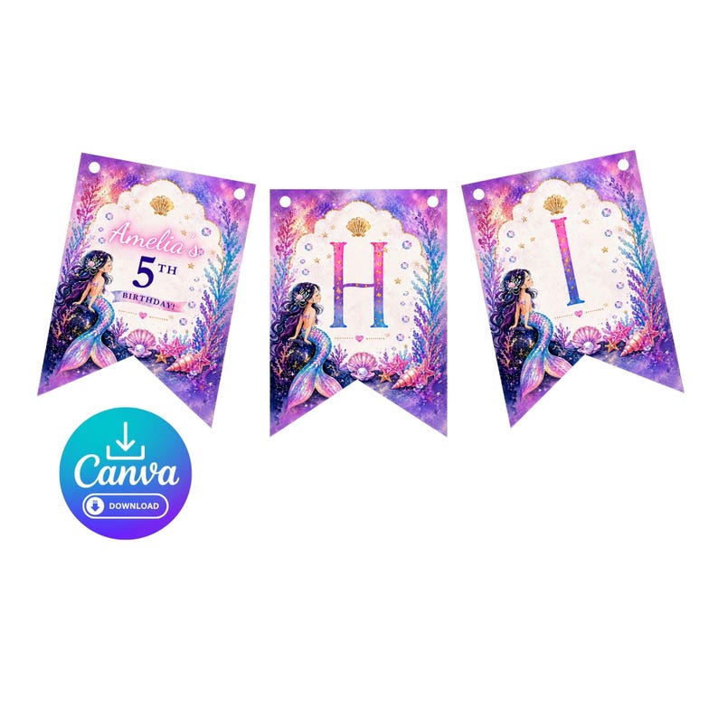 Puede incluir: Un conjunto de banderines con tem&aacute;tica de sirenas. Cada bander&iacute;n presenta una ilustraci&oacute;n de sirena, una corona dorada y un borde decorativo. Un bander&iacute;n dice "Amelia's 5th Birthday". Los otros banderines muestran las letras "H" e "I".
