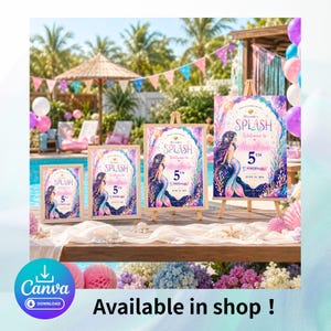 Puede incluir: Cuatro letreros de fiesta de cumplea&ntilde;os con tem&aacute;tica de sirenas en caballetes. Los letreros presentan una ilustraci&oacute;n de sirena, el texto "SPLASH" y el n&uacute;mero "5". Los letreros se exhiben sobre una mesa con flores y decoraciones, con una piscina y palmeras al fondo.
