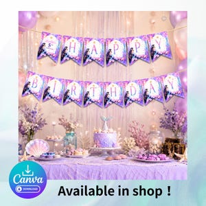 May include: A mermaid-themed birthday party setup with a banner that reads "Happy Birthday". The banner is purple with mermaid illustrations. A cake with a mermaid tail topper sits on a table with other decorations.