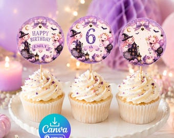 Editable Axolotl Halloween 6th Birthday Cupcake Toppers, Cute Magical Purple Pumpkin Favor Tags, Printable Canva Template