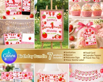 Editable Berry First Birthday Canva Bundle, Strawberry 1st Birthday Decorations Set, Girl First Birthday Invite, Welcome Sign, Banner, Set,