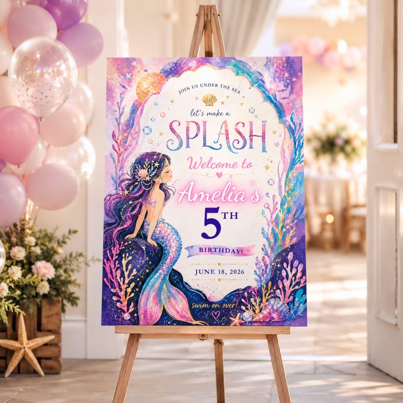 May include: A mermaid-themed birthday party welcome sign on an easel. The sign features a watercolor illustration of a mermaid, the text "SPLASH", and the name "Amelia's" with the number "5th" and the date "June 18, 2026". The sign is surrounded by a colorful underwater scene.