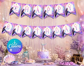 Guirnalda de banderines de cumpleaños de sirenas, plantilla editable de Canva, decoración para fiestas temáticas submarinas, nombre y edad personalizables, descarga digital de 5x7 pulgadas, imprimible.