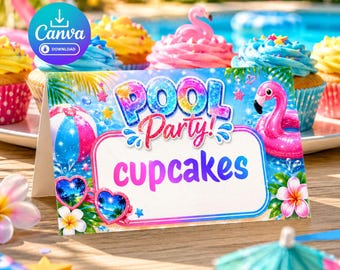 Etiquetas para comida y plantillas de tarjetas de lugar para fiestas de cumpleaños en la piscina, tarjetas de mesa y tarjetas planas editables en Canva para cumpleaños de verano, perfectas para fiestas de verano.