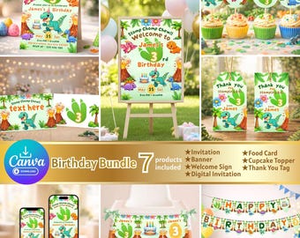 Paquete editable para fiesta de cumpleaños de dinosaurios, plantilla de Canva Stomp Chomp Chu, paquete completo de decoración de dinosaurios, invitación, pancarta, etiquetas y 7 paquetes digitales.