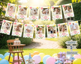 Banner mensual editable para fotos de primer cumpleaños (con flores), guirnalda de fotos de 1 a 12 meses en lienzo, decoración para el primer cumpleaños de niña, descarga digital de 5x7