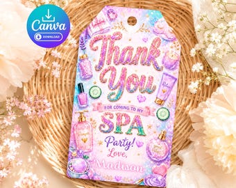 Etiquetas de agradecimiento para fiestas de spa Plantillas de etiquetas de regalo Cumpleaños Envoltura de regalos pequeños Lindo Nombre de Niña Personalización Juego de 3 piezas 2x3.5 pulgadas Canva editable Esquinas redondeadas 2 lados cortados Rectángulo superior 2 esquinas cortadas