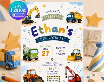 Plantilla editable de invitación de cumpleaños con vehículos de construcción en acuarela para niños, linda invitación de fiesta de cumpleaños con vehículos de construcción 5x7 en Canva, vehículos de trabajo, vehículos de construcción, niño, cumpleaños, invitación digital