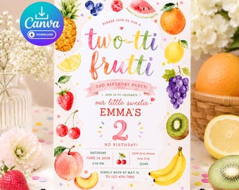 Plantilla de invitación de segundo cumpleaños Twotti Frutti Fruta Acuarela Niña elegante Invitación digital 5x7 pulgadas Fiesta de verano Cumpleaños Celebración de cumpleaños Foto Comida Fruta Edición Canva Fiesta Tutti Frutti
