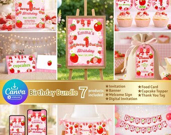 Paquete de lienzo editable de bayas para primer cumpleaños, set de decoraciones de fresa para primer cumpleaños, invitación para primer cumpleaños de niña, cartel de bienvenida, pancarta.