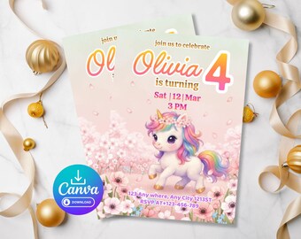 Szablon zaproszenia urodzinowego z motywem jednorożca, wiosenne kwiaty i wianek z kwiatów, edytowalny plik Canva do pobrania, zaproszenie do druku 5x7 cali
