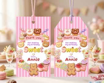 Cute Dessert Birthday Thank You Tag Printable, Sweet Treat Party Favor Tag, Bear Theme Gift Tag, Canva Editable Template, 2x3.5
