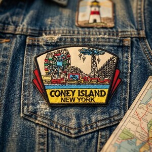 May include: A denim jacket with a Coney Island patch featuring a Ferris wheel, roller coaster, and the text "Coney Island New York." Additional patches include a lighthouse and a map.