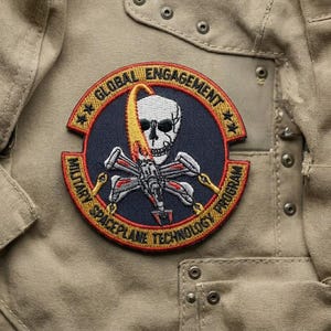 May include: Embroidered patch featuring a skull with a flame, a spaceship, and the text "GLOBAL ENGAGEMENT MILITARY SPACEPLANE TECHNOLOGY PROGRAM." The patch is circular with a navy blue center and gold and red accents, set against a tan background.