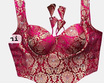 Kant-en-klare designer banarasi-jacquardblouse in corsetstijl| Bruiloft, cocktail, feest, blouse bruidsmeisje | Mix & match blouse voor sari/lehenga