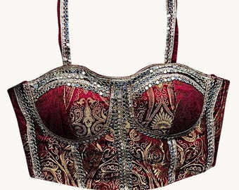 Kant-en-klare designer banarasi-jacquardblouse in corsetstijl| Bruiloft, cocktail, feest, blouse bruidsmeisje | Mix & match blouse voor sari/lehenga