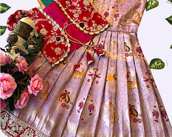 Kids gown, dola silk frock dress with jacket |Girls Readymade Pattu Pavadai|Girls gown  for wedding , festival