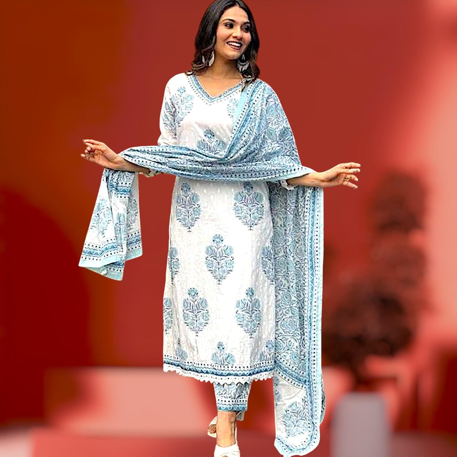 Cotton Block Print Kurti Set with Pant & Dupatta Summer Festive Wear