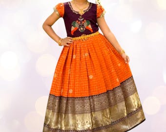 Kids Lehenga Choli with parrot embroidery  |Girls Readymade Pattu Pavadai|Girls Lehenga Choli  for wedding , festival
