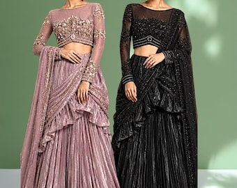Ready To Wear Saree With  Embroidered Net fabric stitched Blouse |Cocktail wedding Party sari | Bridesmaid Indo western sari