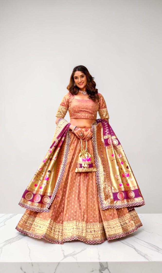 slim fit dress slacks Purple Color Weaving Zari Work Jacquard Silk Paithani Gown