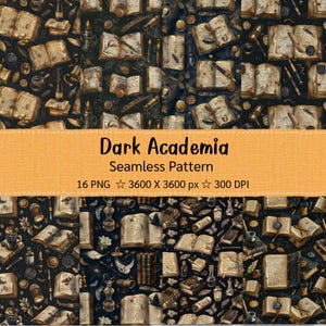 May include: A Dark Academia seamless pattern with a repeating design of old books, quills, and inkwells in brown and black tones. The text "Dark Academia Seamless Pattern" is on an orange banner.