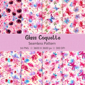 Puede incluir: Diseño de patrón digital sin costuras con motivos florales y mariposas rosas, moradas y azules. El texto "Glass Coquette" y "Seamless Pattern" están en una pancarta rosa. El diseño incluye cerezas, flores y mariposas.