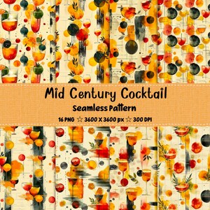 Op de afbeelding: Een naadloos patroon met aquarel illustraties van cocktails, citrusvruchten en abstracte vormen in oranje, geel, rood en zwart. De tekst "Mid Century Cocktail Seamless Pattern" staat op een bruinachtige banner.