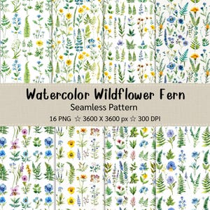 May include: A collection of watercolour wildflower and fern seamless patterns. The designs showcase colourful floral and fern illustrations on a white backdrop. The text reads "Watercolor Wildflower Fern Seamless Pattern".