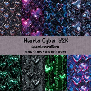 May include: A digital seamless pattern with heart motifs in shades of pink, blue, and green. The text "Hearts Cyber Y2K Seamless Pattern" is displayed on a grey banner. The image also includes the specifications: 16 PNG, 3600 x 3600 px, and 300 DPI.