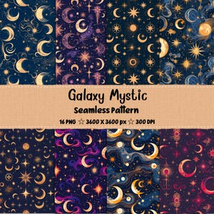 May include: A collection of seamless patterns featuring celestial designs. The patterns showcase moons, stars, and swirling nebulas in shades of blue, purple, and gold. The text "Galaxy Mystic Seamless Pattern" is displayed on a tan banner.