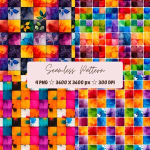 Op de afbeelding: Een digitale afbeelding met vier verschillende naadloze patronen bestaande uit kleurrijke vierkante tegels met aquareltexturen, bladillustraties en verfdruppels. De centrale tekst luidt: Seamless Pattern, 4 PNG, 3600 x 3600 px, 300 DPI.