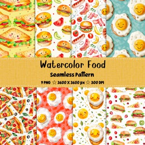 May include: Watercolor food seamless pattern featuring sandwiches, burgers, bacon, eggs, and pizza. The patterns are colorful and whimsical, with smiling food characters. The image includes the text "Watercolor Food Seamless Pattern".