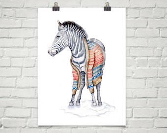 Zebra in einem Pullover - Original Aquarell große - 9 "x 12'' - Zebra Pullover Regenbogen schwarz und weiß Winterurlaub Weihnachten