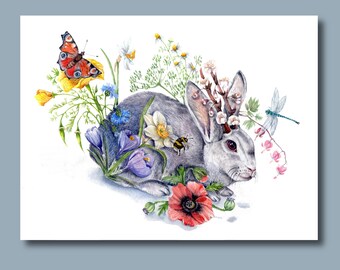 Spring Jackalope Art Print: Watercolor Bunny with Flowers
