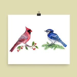 Cardenal rojo con pájaros arrendajo azul - Impresión artística de pintura de acuarela - Año nuevo vacaciones de invierno pájaros naturaleza Navidad bayas moradas tarjetas