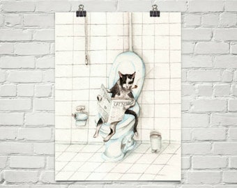 Katze lesen Zeitung auf der Toilette - große Fine Art Print von original Aquarell - nicht DISTURB - Geschenke für ihn Vatertag