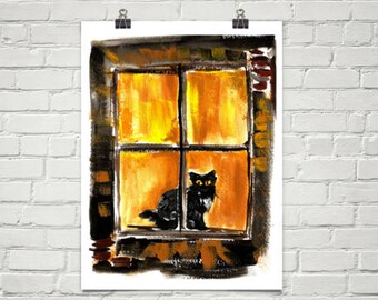 Black Cat in the Window - Halloween Art Print of watercolor painting - Witch Wall Art Decor Night Fall Autumn Art yellow art fall harvest