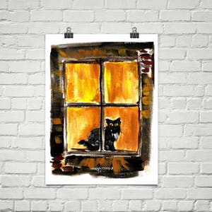 Black Cat in the Window - Halloween Art Print of watercolor painting - Witch Wall Art Decor Night Fall Autumn Art yellow art fall harvest