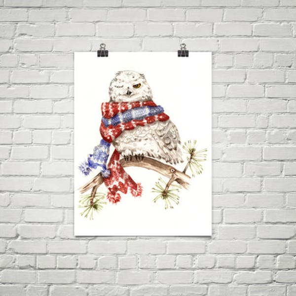 Winking Arctic Owl in a Scarf - Art Print of watercolor painting -  winter whimsical wildlife bird Snowy owl nursery baby shower