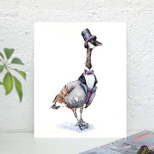 Victorian Gentleman Goose in a Top Hat - Art Print of Original Watercolor Painting - Steampunk  vintage english british birds gifts for him