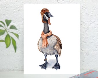 Aviator Canada Goose Art Print: Steampunk Watercolor Pilot Decor
