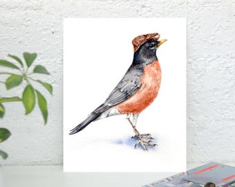 American Robin in eine Cap - Art Print-Aquarell - Vögel in Hüte Schiebermütze Mütze Vogel-Geschenke für ihn nordamerikanischen Robin Herbst Dekor