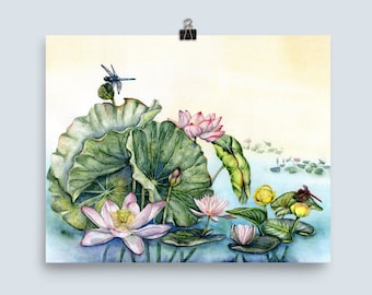 May include: Watercolor painting of pink water lilies and green lily pads with dragonflies in a pond. The background is a soft yellow.
