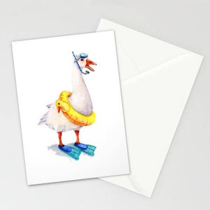 Ganso para mergulho com nadadeiras e anel de natação - cartão de felicitações em branco 5 ''x 7'' Sea Cottage Ganso decoração de arte de parede férias verão