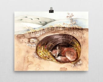 Fox es Den - Kunstdruck von Original Aquarellmalerei - Fuchs schlafender Winter Weihnachtsfeiertage Wald Wald wunderliche Kinderzimmer Deko