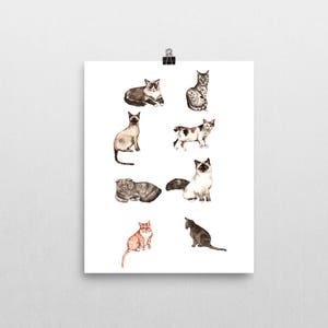 Different Cat Breeds Art Print of Watercolor Painting - Wall Art Decor - Siamese watercolor cat
